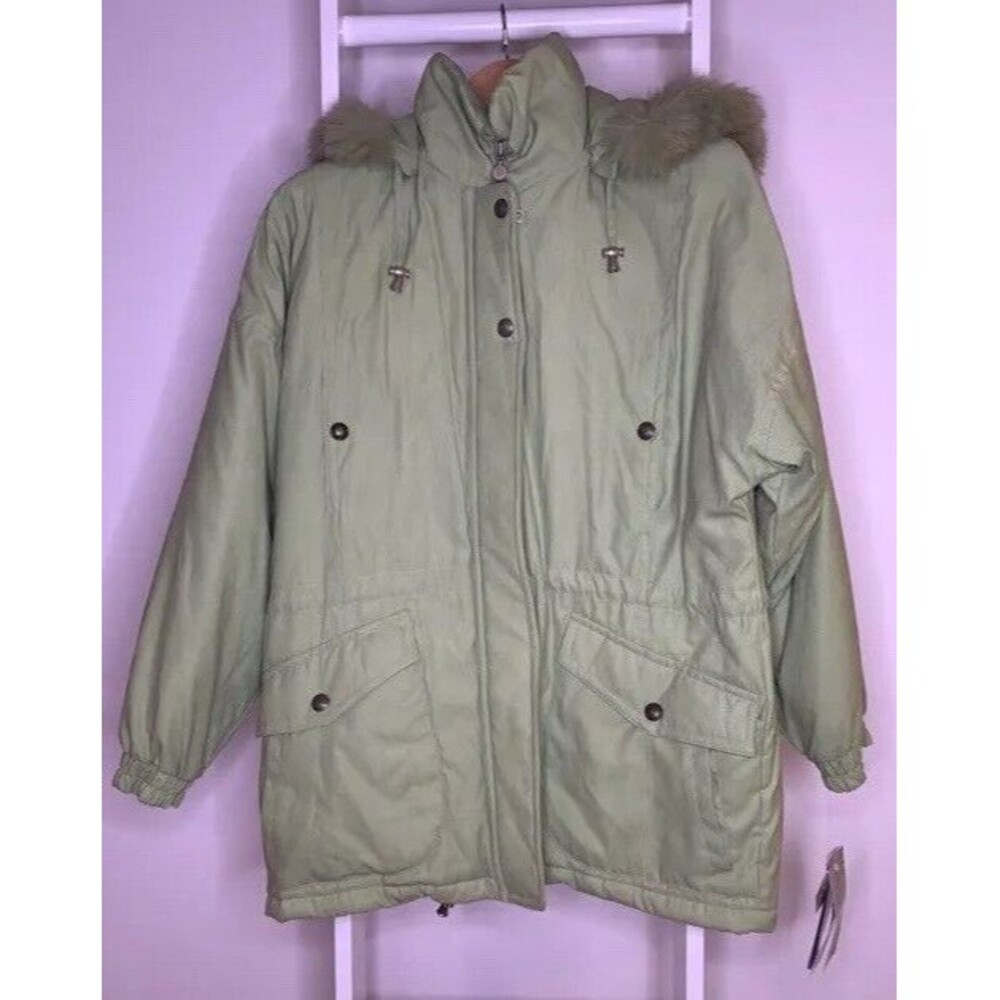 Bernardo Jacket Womens Large Green Parka Zipper Flap Pockets Hooded Lined New